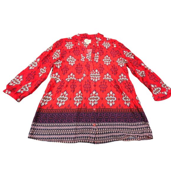 Anthropologie Maeve Woodland Walk Red Aztec Top Button Up Blouse Size 8 - Picture 1 of 6